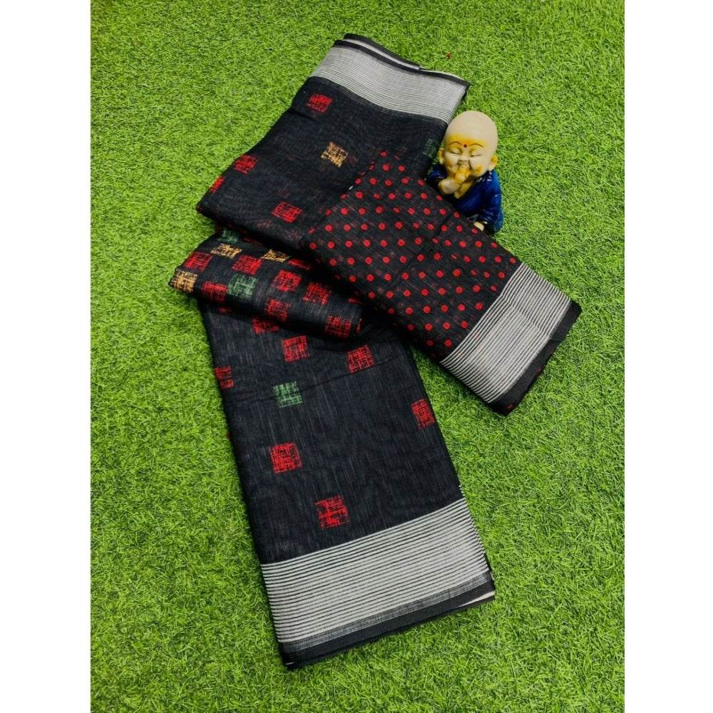 Generic Women's Cotton Linen Digital Print Saree With Unstitched Blouse 5.5Mtr (Black) - MYLUXURY LANE ENTERPRISE