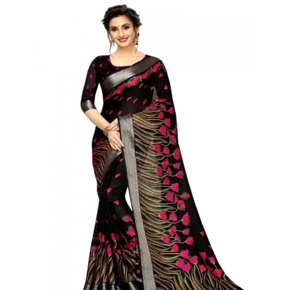 Generic Women's Cotton Linen Digital Print Saree With Unstitched Blouse 5.5Mtr (Black) - MYLUXURY LANE ENTERPRISE