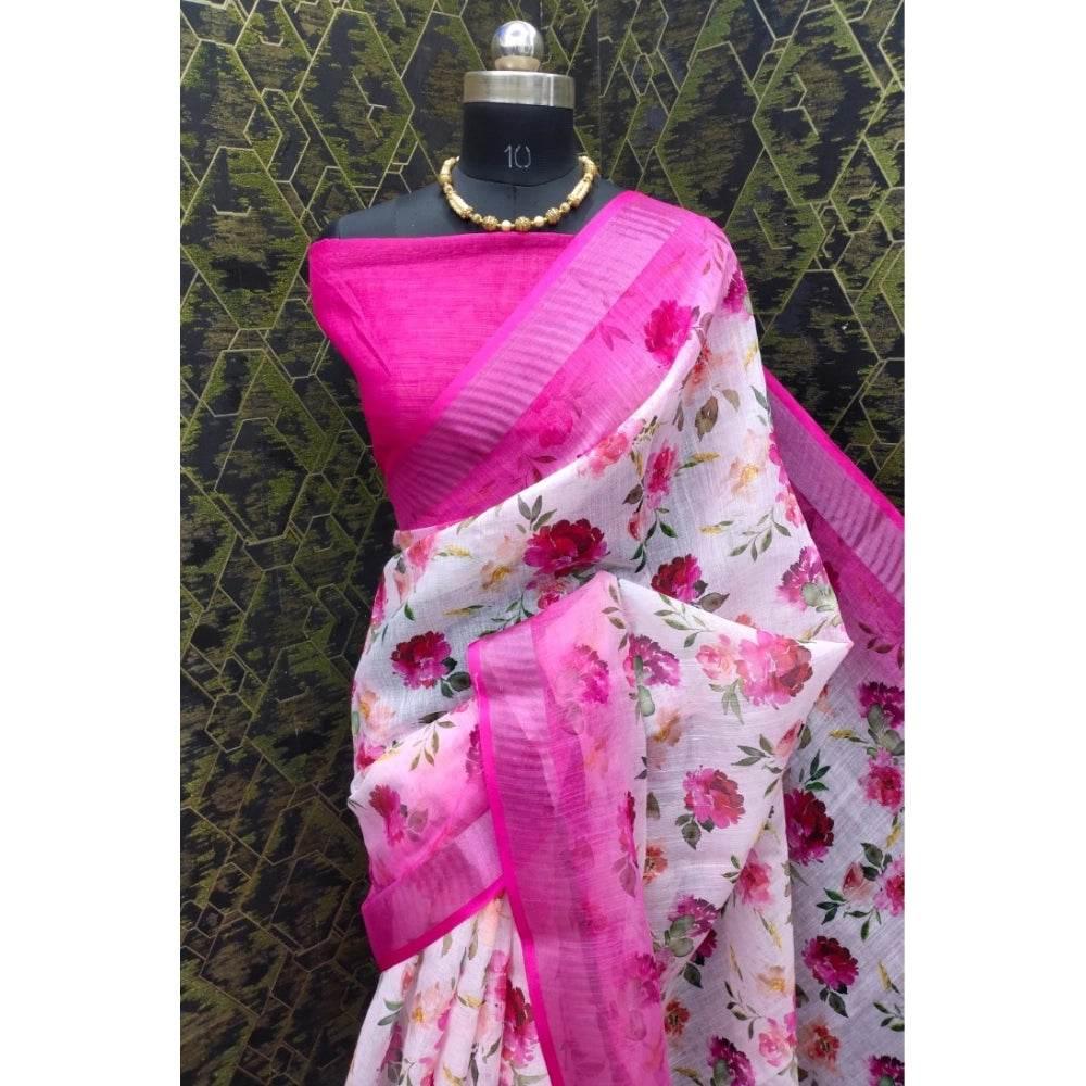 Generic Women's Cotton Linen Woven Design Saree With Unstitched Blouse 5.5Mtr (Pink) - MYLUXURY LANE ENTERPRISE