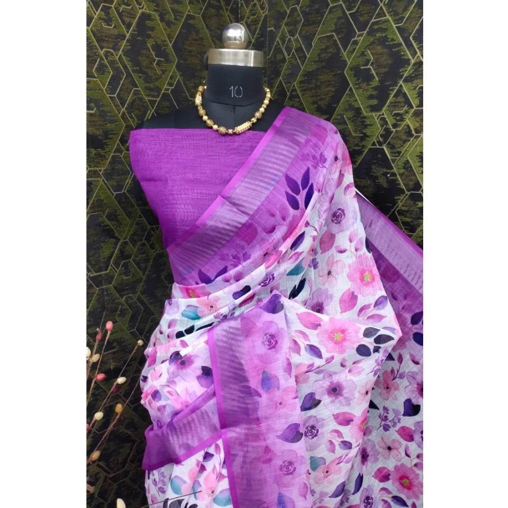 Generic Women's Cotton Linen Woven Design Saree With Unstitched Blouse 5.5Mtr (Purple) - MYLUXURY LANE ENTERPRISE