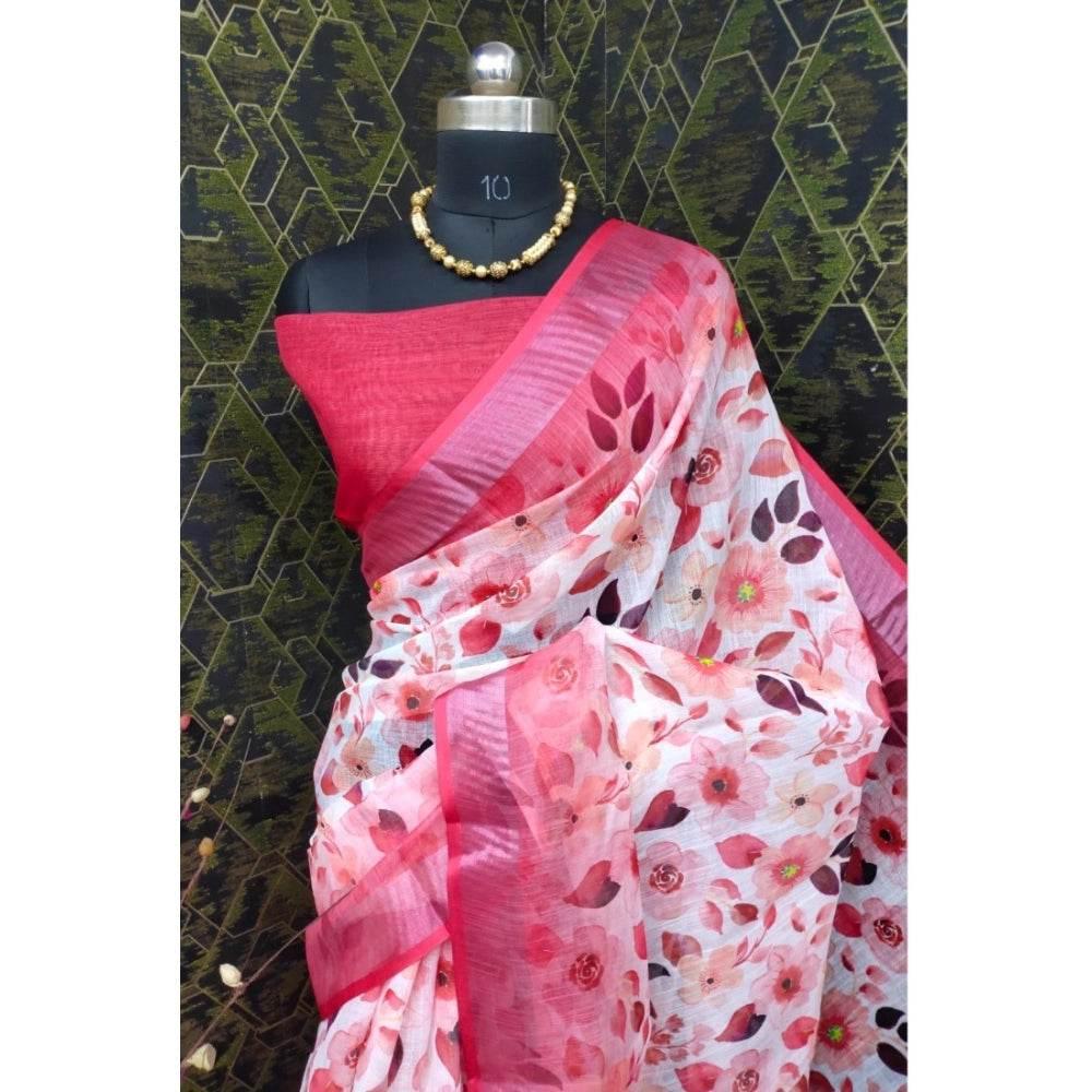 Generic Women's Cotton Linen Woven Design Saree With Unstitched Blouse 5.5Mtr (Red) - MYLUXURY LANE ENTERPRISE