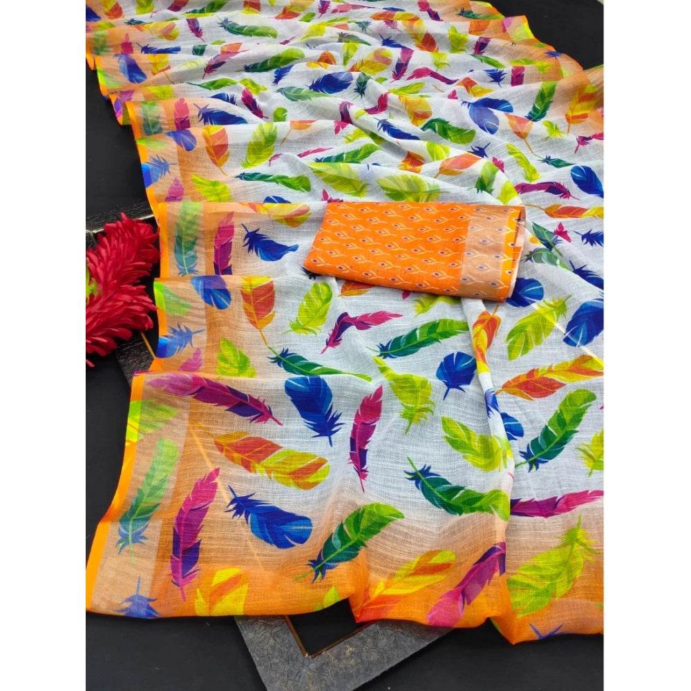 Generic Women's Cotton Linen Woven Design Saree With Unstitched Blouse 5.5Mtr (Orange) - MYLUXURY LANE ENTERPRISE