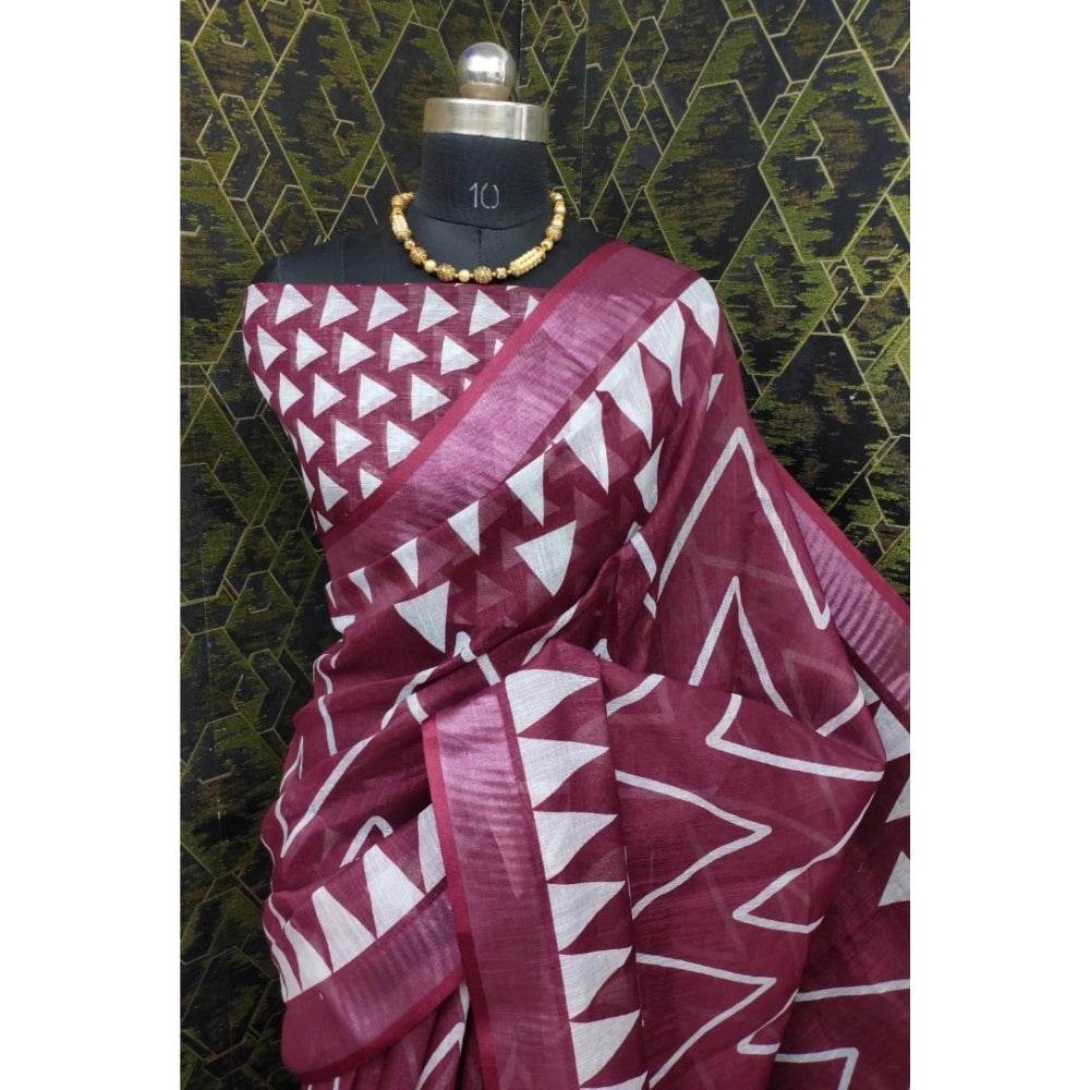 Generic Women's Cotton Linen Woven Design Saree With Unstitched Blouse 5.5Mtr (Maroon) - MYLUXURY LANE ENTERPRISE