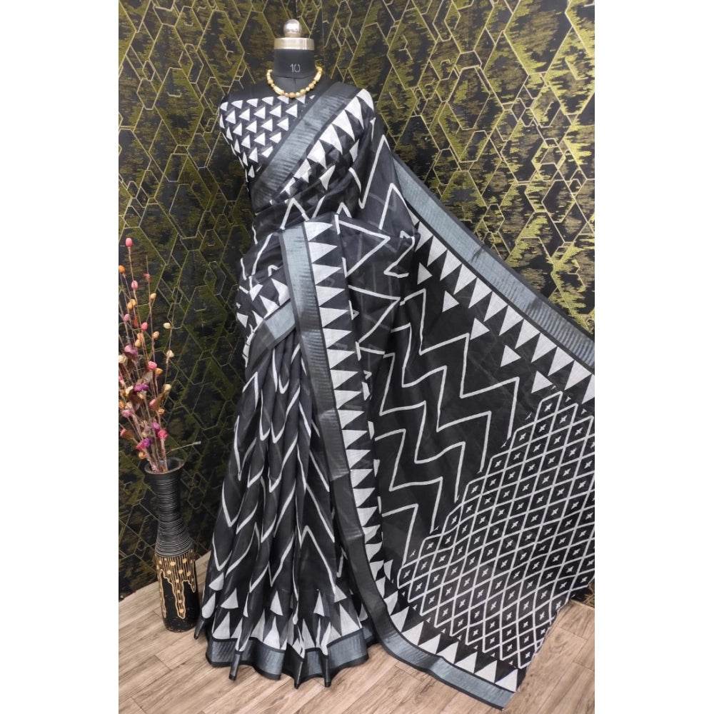 Generic Women's Cotton Linen Woven Design Saree With Unstitched Blouse 5.5Mtr (Black) - MYLUXURY LANE ENTERPRISE