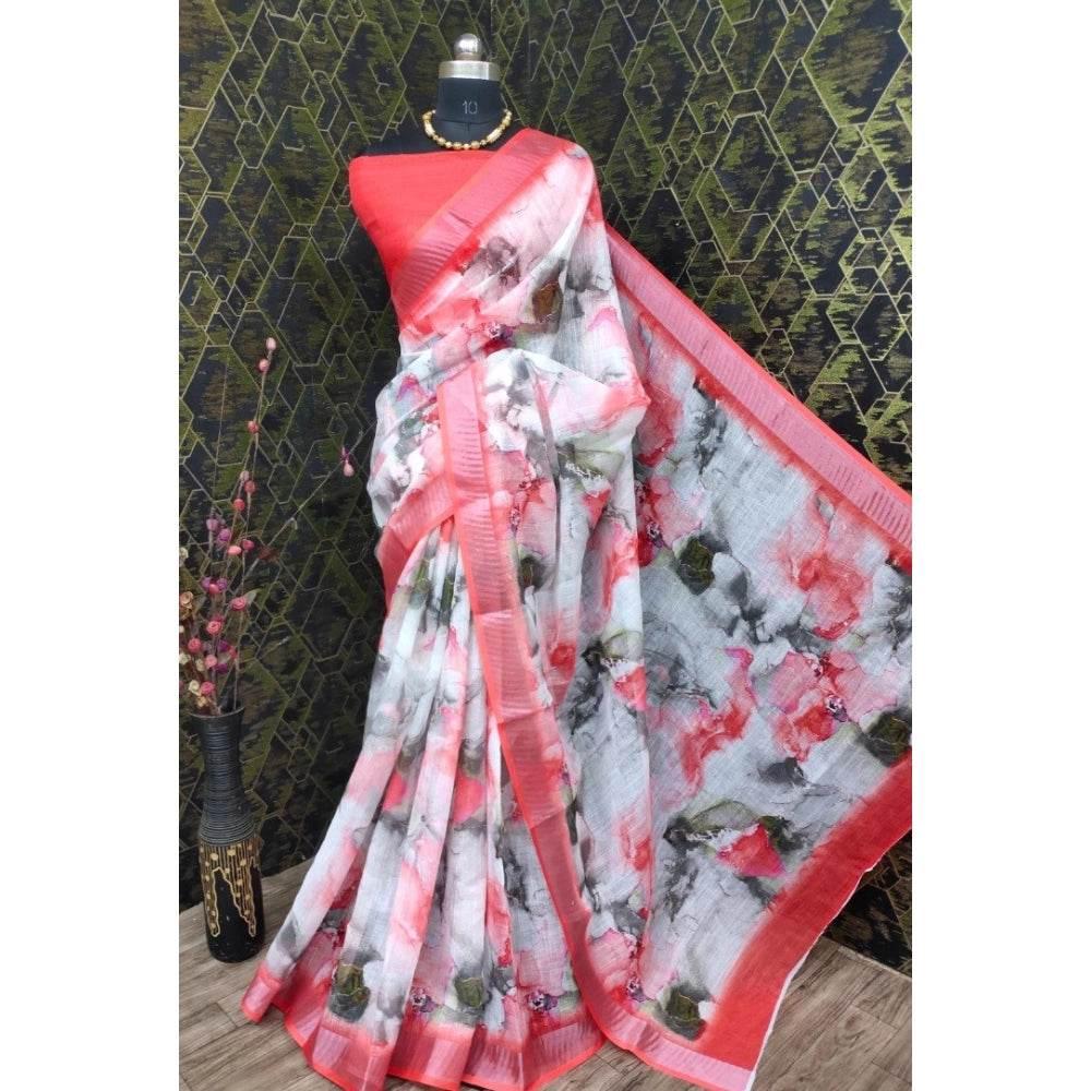 Generic Women's Cotton Linen Woven Design Saree With Unstitched Blouse 5.5Mtr (Red) - MYLUXURY LANE ENTERPRISE
