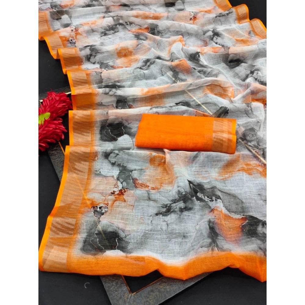 Generic Women's Cotton Linen Woven Design Saree With Unstitched Blouse 5.5Mtr (Orange) - MYLUXURY LANE ENTERPRISE