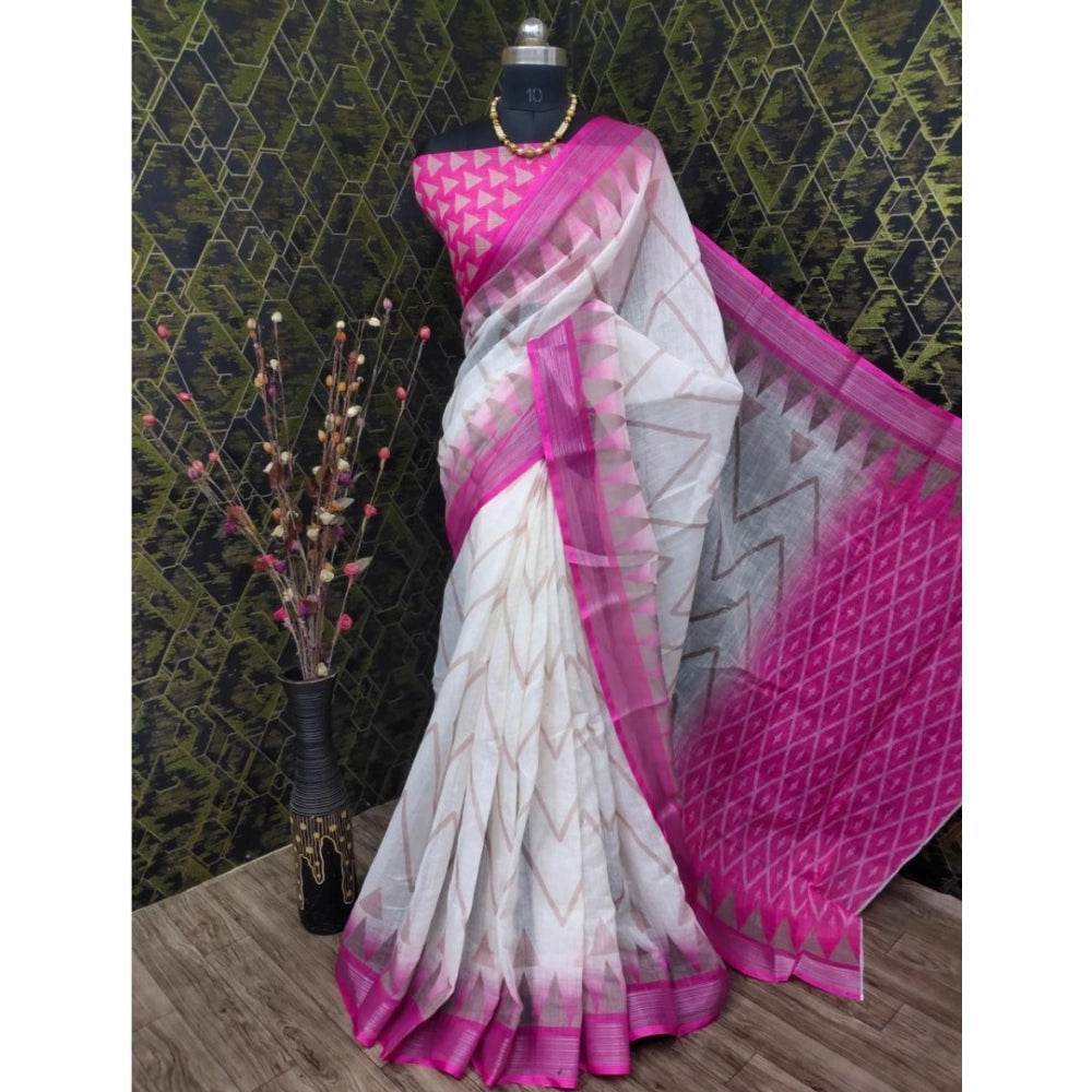 Generic Women's Cotton Linen Woven Design Saree With Unstitched Blouse 5.5Mtr (Pink) - MYLUXURY LANE ENTERPRISE