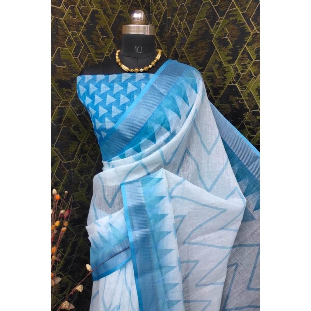 Generic Women's Cotton Linen Woven Design Saree With Unstitched Blouse 5.5Mtr (Sky Blue) - MYLUXURY LANE ENTERPRISE