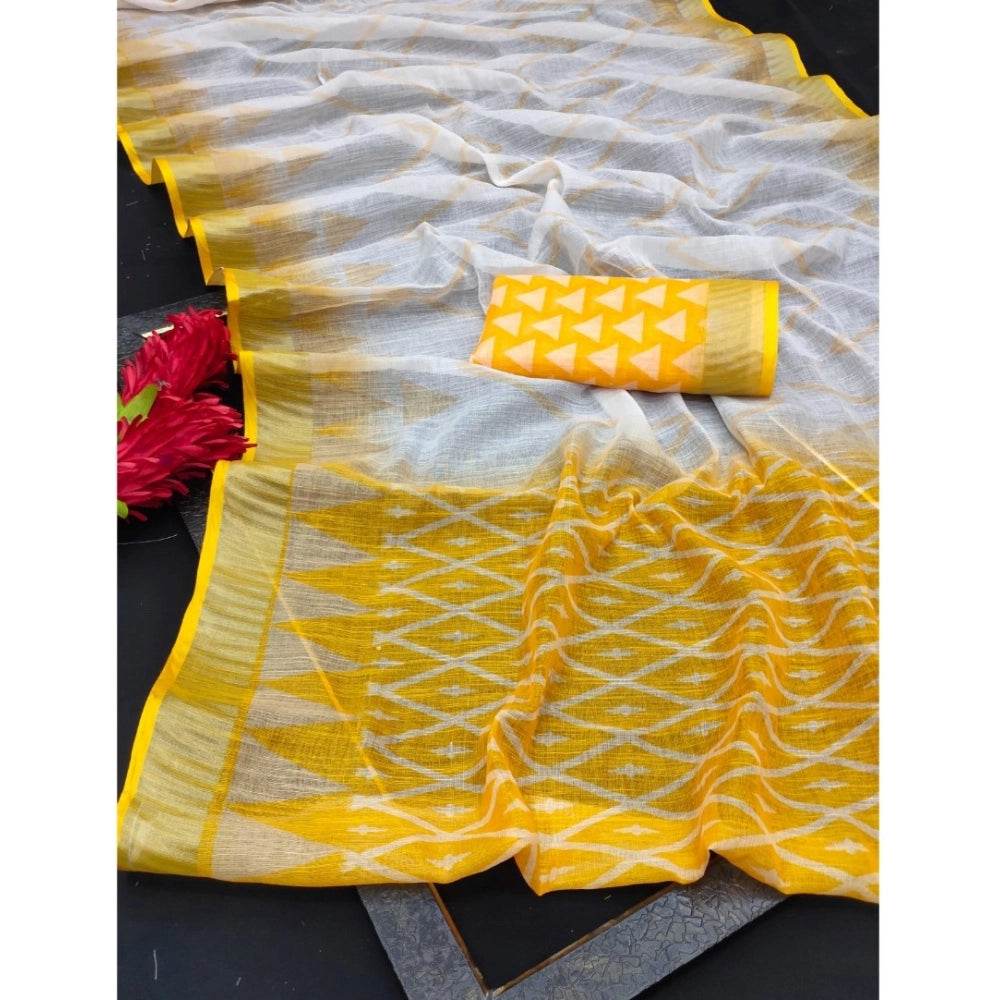 Generic Women's Cotton Linen Woven Design Saree With Unstitched Blouse 5.5Mtr (Yellow) - MYLUXURY LANE ENTERPRISE
