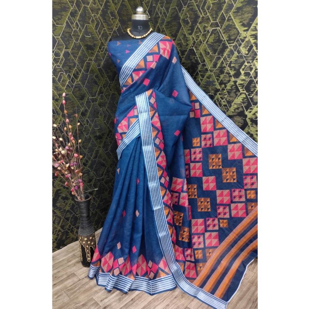 Generic Women's Cotton Linen Digital Print Saree With Unstitched Blouse 5.5Mtr (Blue) - MYLUXURY LANE ENTERPRISE