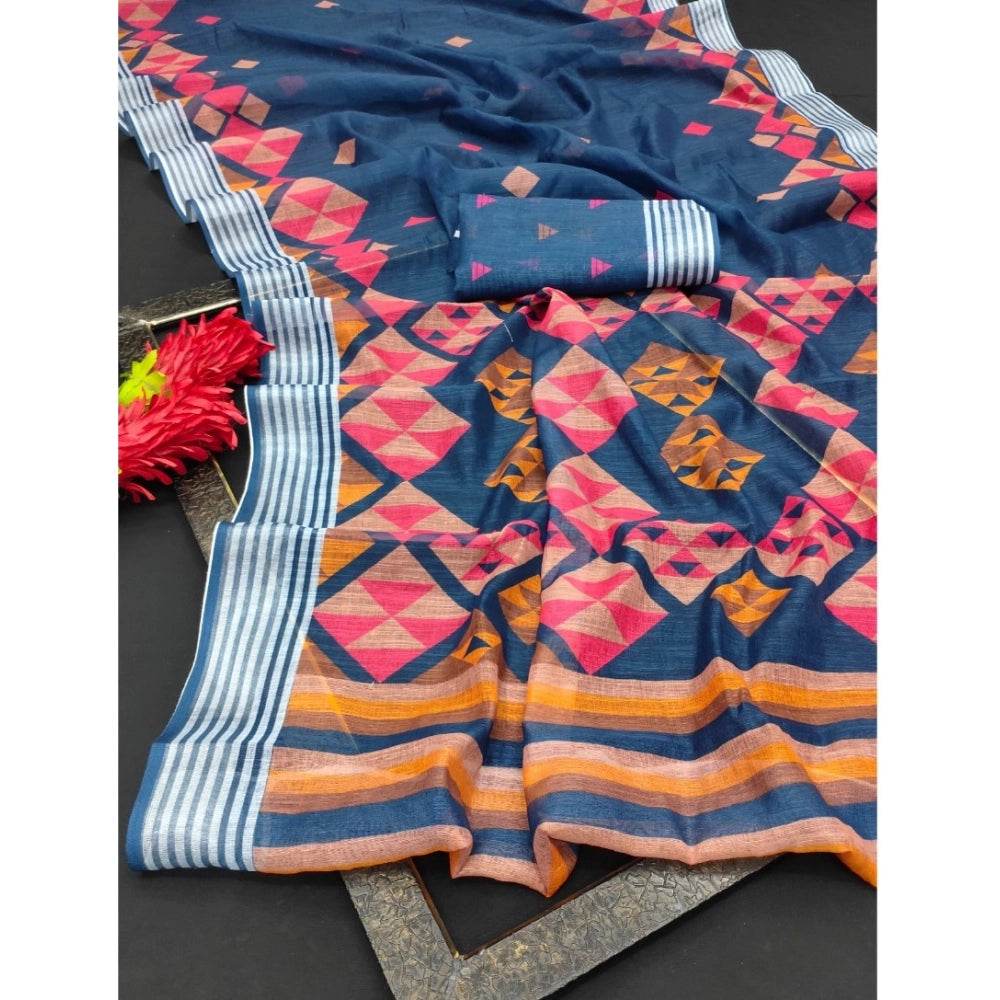 Generic Women's Cotton Linen Digital Print Saree With Unstitched Blouse 5.5Mtr (Blue) - MYLUXURY LANE ENTERPRISE
