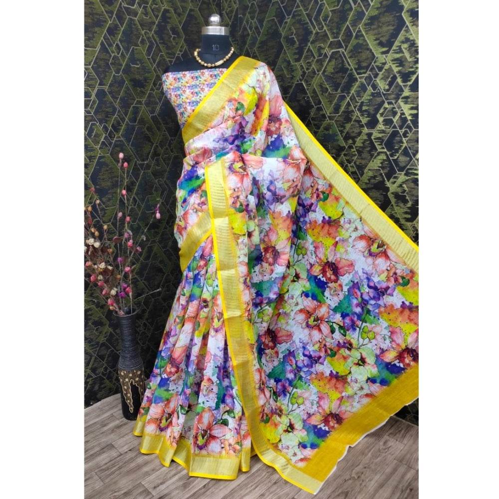 Generic Women's Cotton Linen Printed Saree With Unstitched Blouse 5.5Mtr (Yellow) - MYLUXURY LANE ENTERPRISE