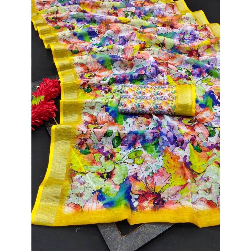 Generic Women's Cotton Linen Printed Saree With Unstitched Blouse 5.5Mtr (Yellow) - MYLUXURY LANE ENTERPRISE