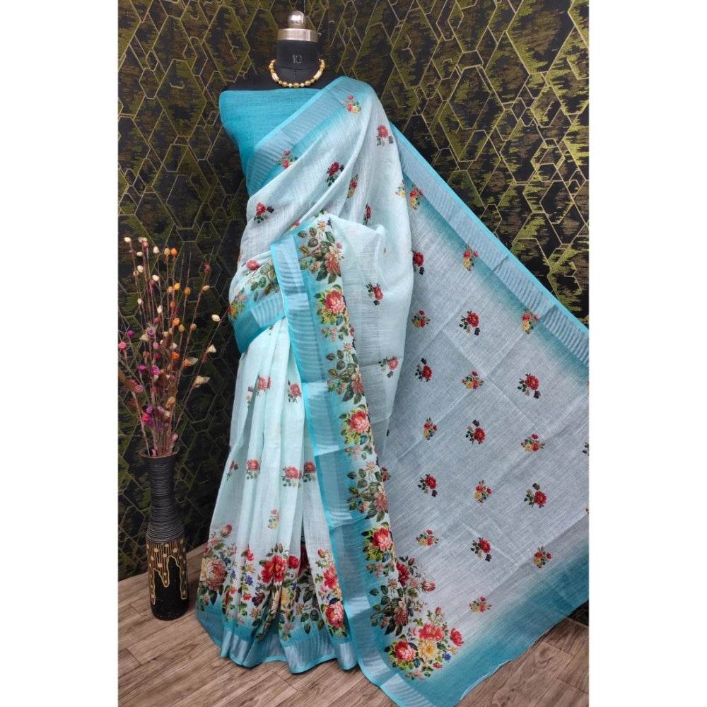 Generic Women's Cotton Linen Woven Design Saree With Unstitched Blouse 5.5Mtr (Sky) - MYLUXURY LANE ENTERPRISE