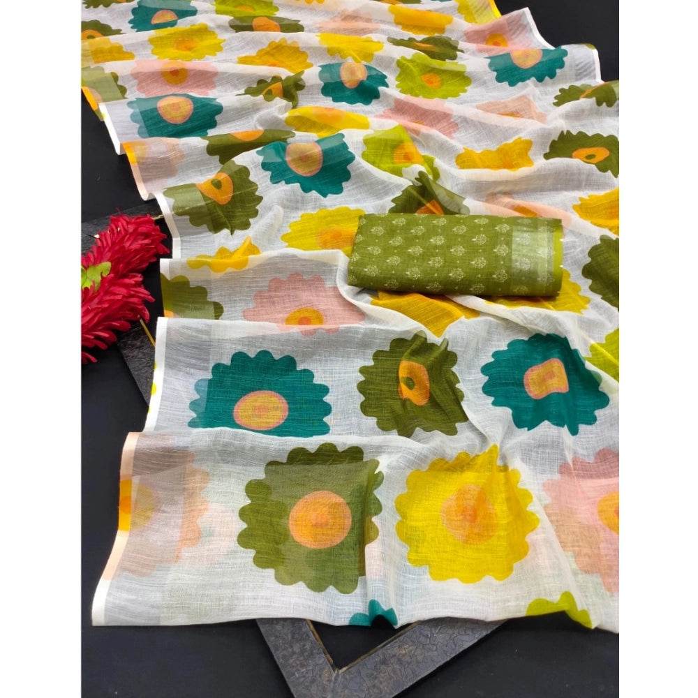 Generic Women's Cotton Linen Woven Design Saree With Unstitched Blouse 5.5Mtr (Green) - MYLUXURY LANE ENTERPRISE