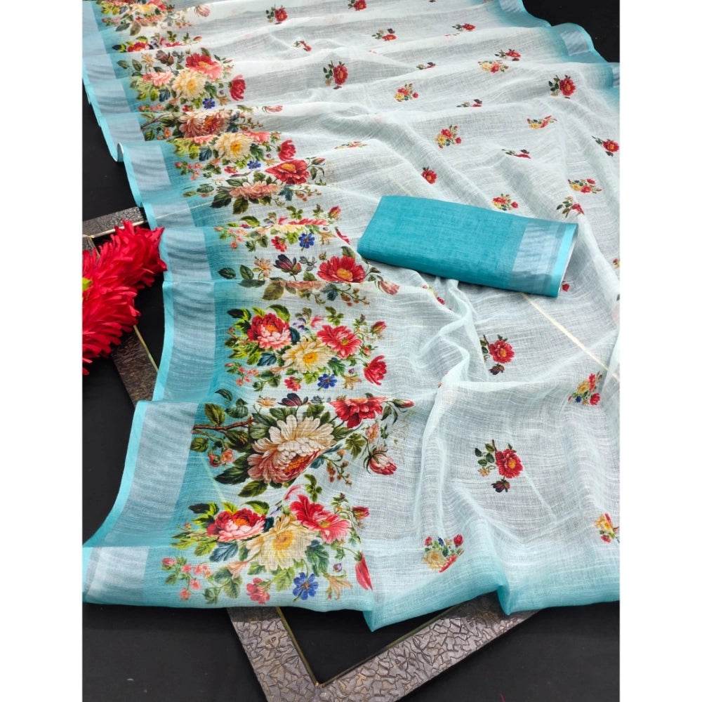 Generic Women's Cotton Linen Woven Design Saree With Unstitched Blouse 5.5Mtr (Sky) - MYLUXURY LANE ENTERPRISE