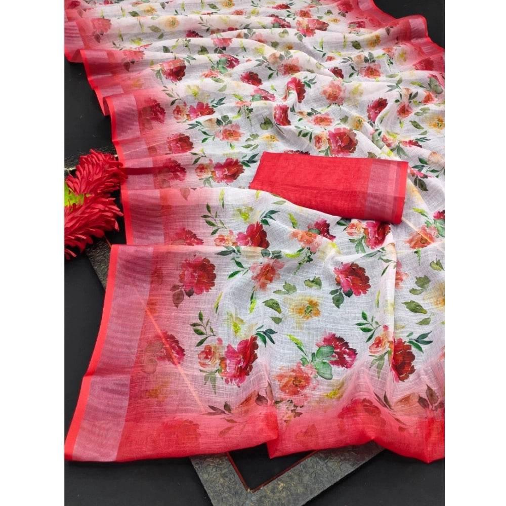 Generic Women's Cotton Linen Woven Design Saree With Unstitched Blouse 5.5Mtr (Red) - MYLUXURY LANE ENTERPRISE