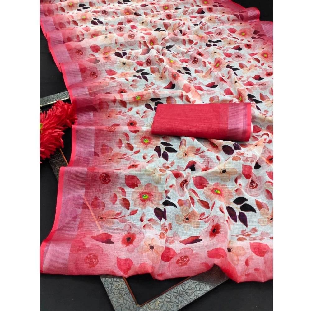 Generic Women's Cotton Linen Woven Design Saree With Unstitched Blouse 5.5Mtr (Red) - MYLUXURY LANE ENTERPRISE