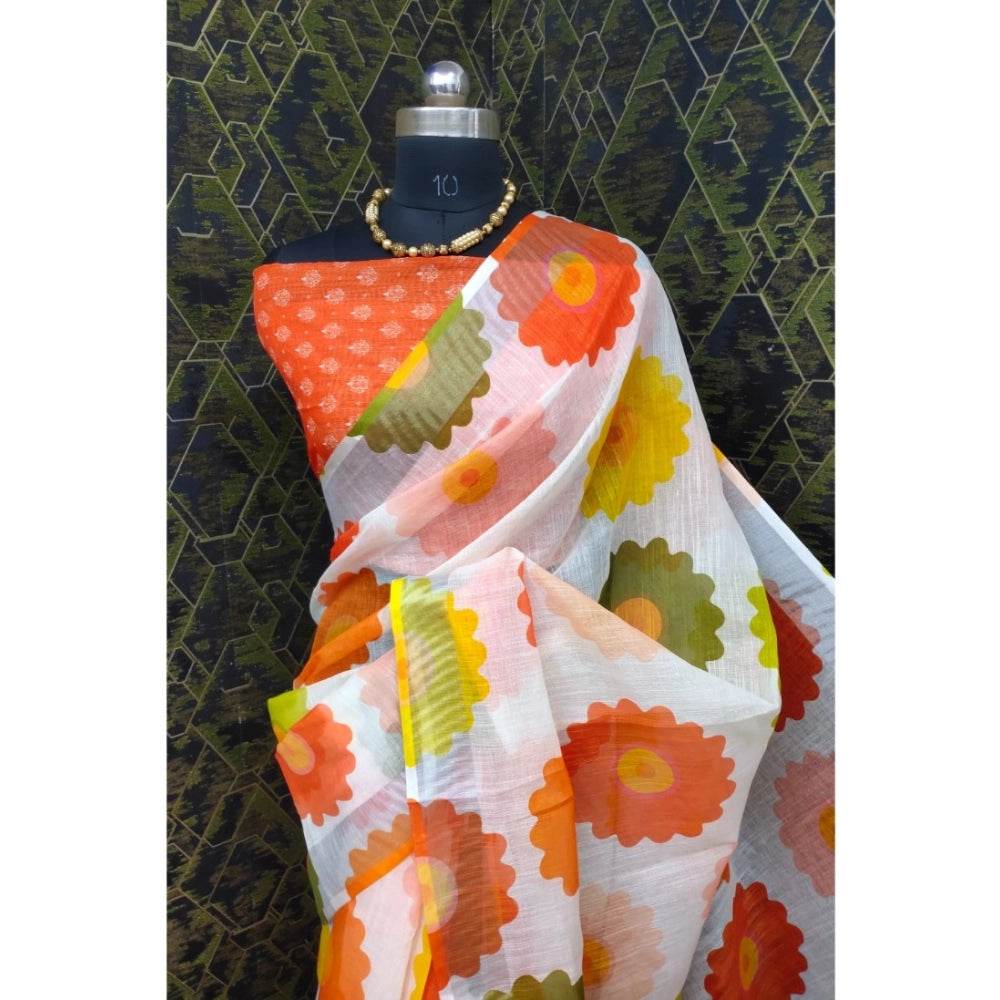 Generic Women's Cotton Linen Woven Design Saree With Unstitched Blouse 5.5Mtr (Orange) - MYLUXURY LANE ENTERPRISE