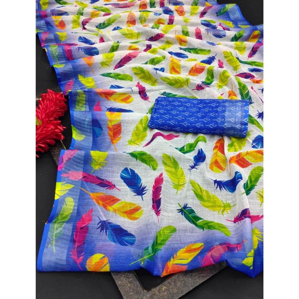 Generic Women's Cotton Linen Woven Design Saree With Unstitched Blouse 5.5Mtr (Blue) - MYLUXURY LANE ENTERPRISE