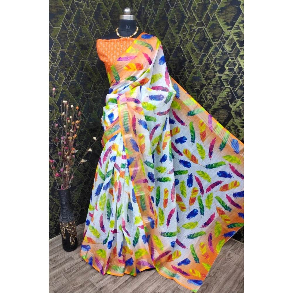 Generic Women's Cotton Linen Woven Design Saree With Unstitched Blouse 5.5Mtr (Orange) - MYLUXURY LANE ENTERPRISE