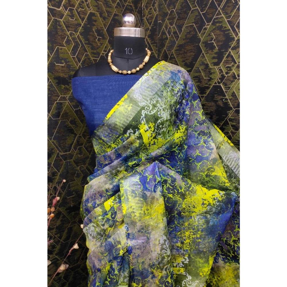 Generic Women's Cotton Linen Woven Design Saree With Unstitched Blouse 5.5Mtr (Blue) - MYLUXURY LANE ENTERPRISE