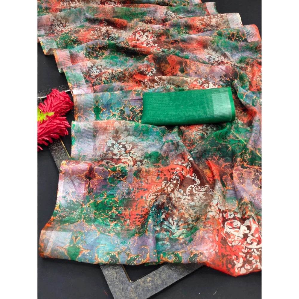 Generic Women's Cotton Linen Woven Design Saree With Unstitched Blouse 5.5Mtr (Green) - MYLUXURY LANE ENTERPRISE