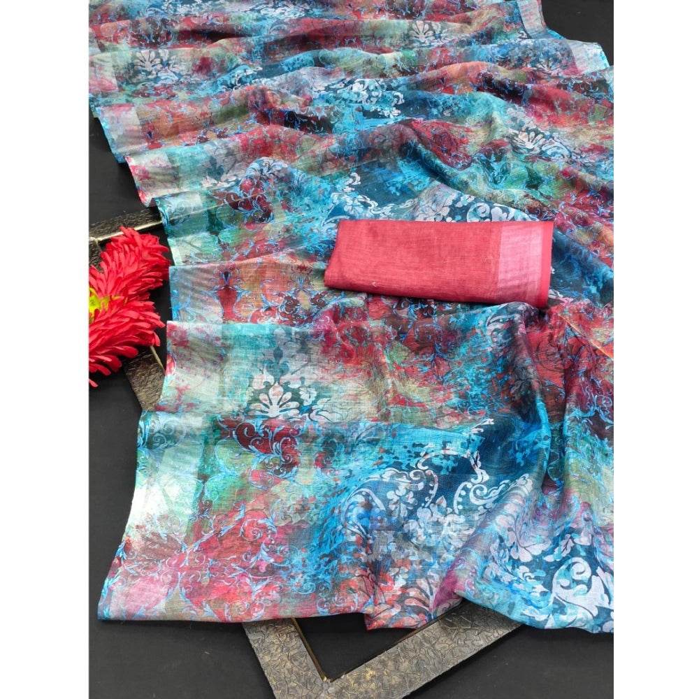 Generic Women's Cotton Linen Woven Design Saree With Unstitched Blouse 5.5Mtr (Blue) - MYLUXURY LANE ENTERPRISE