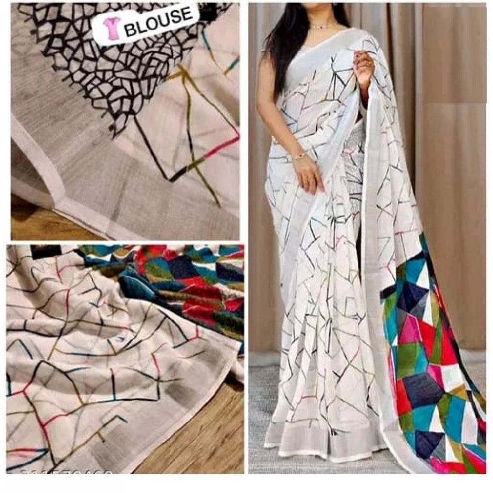 Generic Women's Cotton Linen Printed Saree With Unstitched Blouse 5.5Mtr (White) - MYLUXURY LANE ENTERPRISE