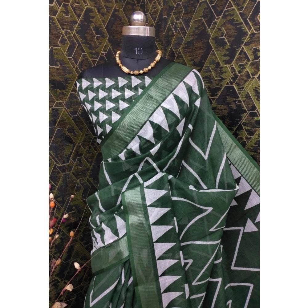 Generic Women's Cotton Linen Woven Design Saree With Unstitched Blouse 5.5Mtr (Green) - MYLUXURY LANE ENTERPRISE