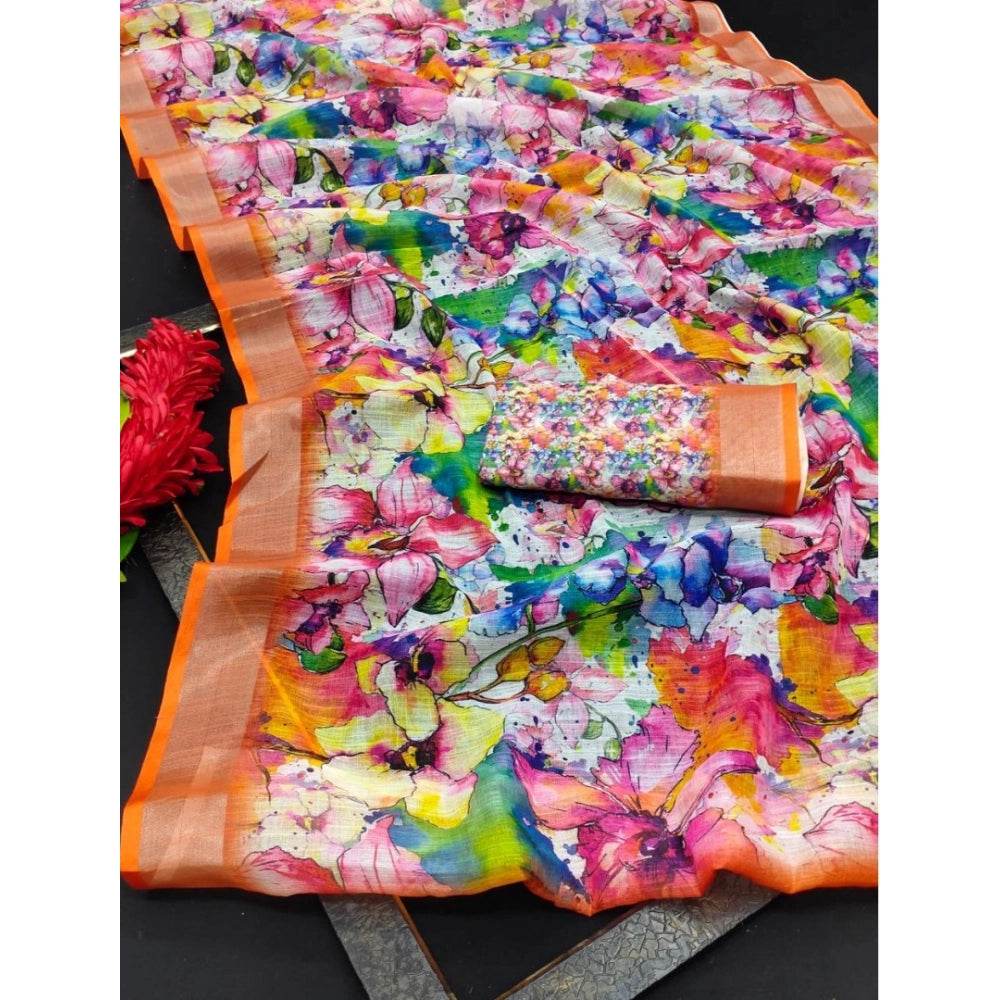 Generic Women's Cotton Linen Printed Saree With Unstitched Blouse 5.5Mtr (Orange) - MYLUXURY LANE ENTERPRISE