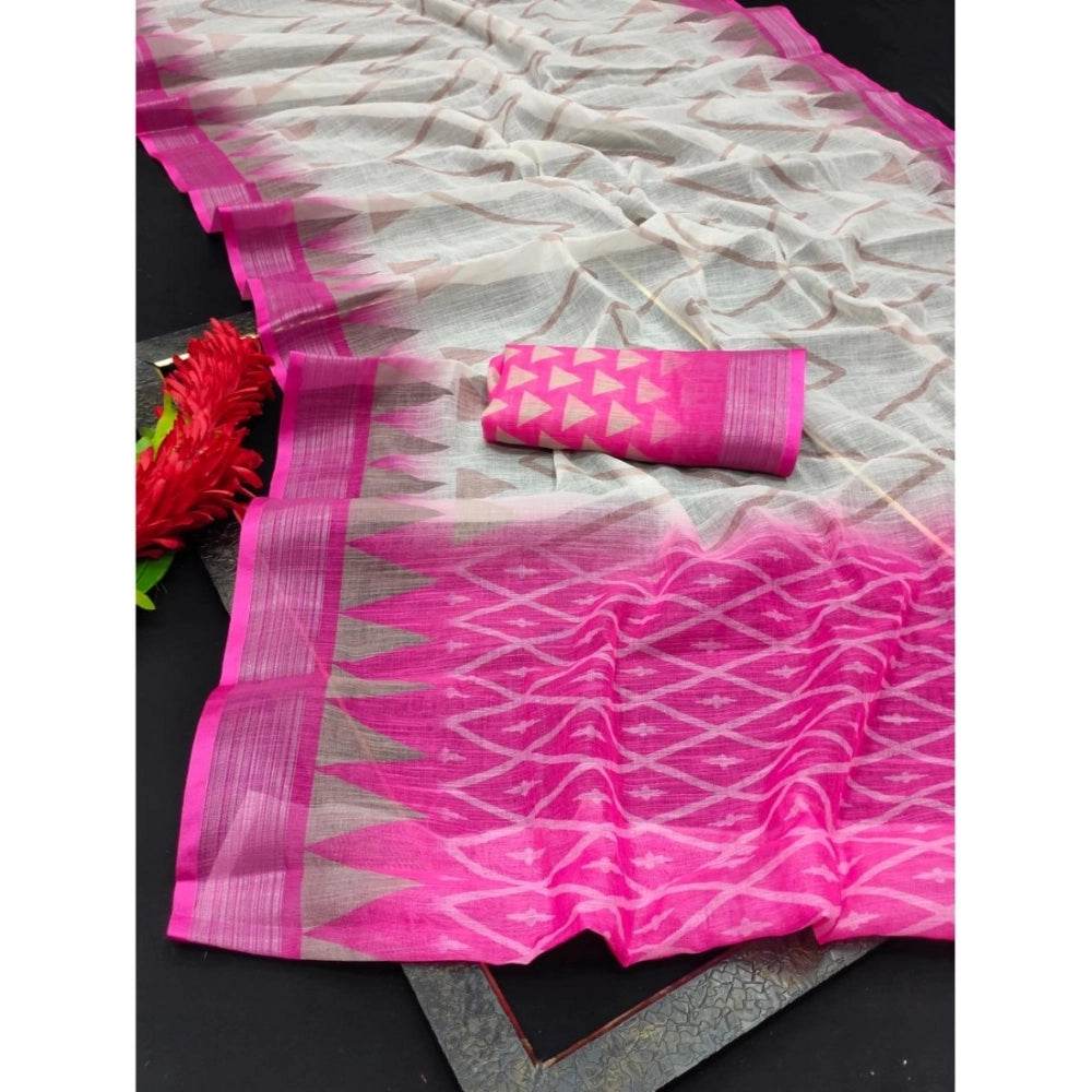 Generic Women's Cotton Linen Woven Design Saree With Unstitched Blouse 5.5Mtr (Pink) - MYLUXURY LANE ENTERPRISE