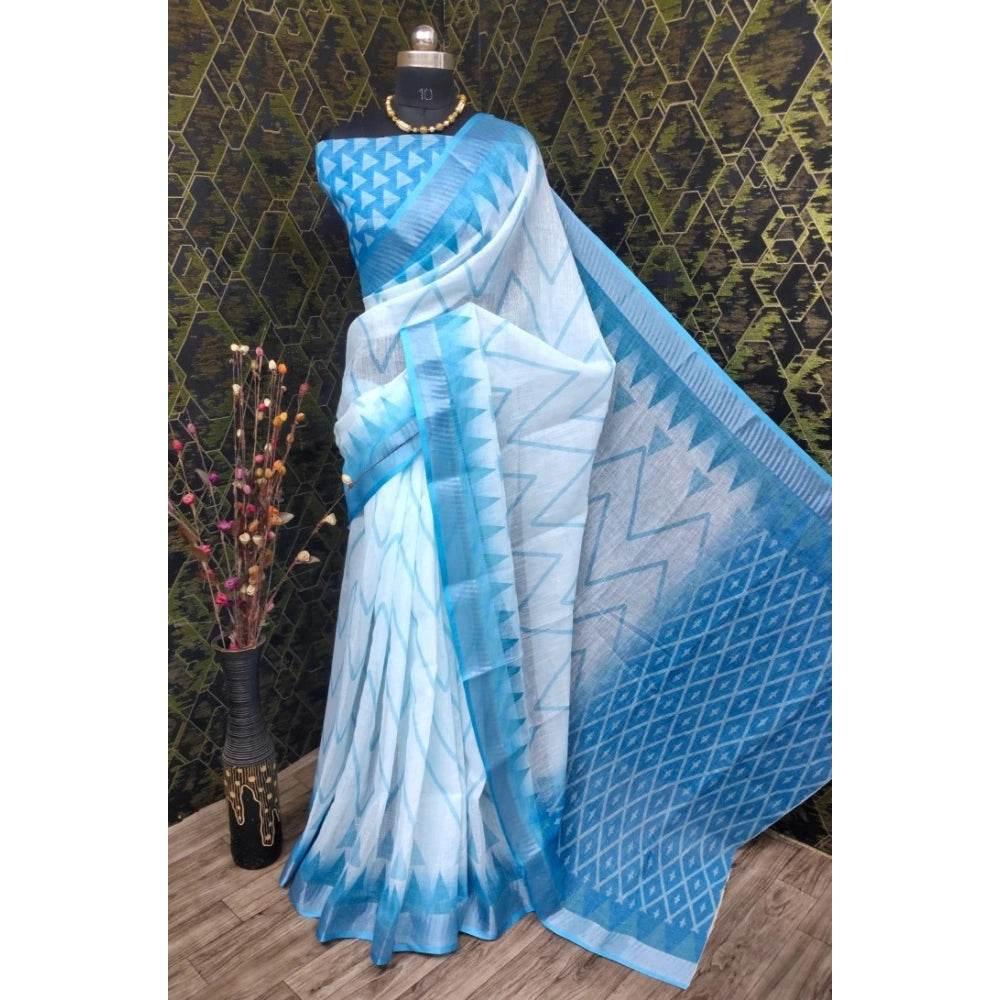 Generic Women's Cotton Linen Woven Design Saree With Unstitched Blouse 5.5Mtr (Sky Blue) - MYLUXURY LANE ENTERPRISE
