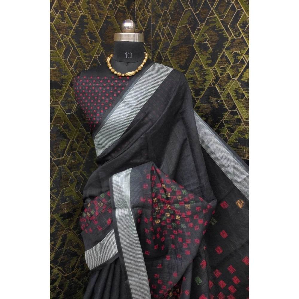 Generic Women's Cotton Linen Digital Print Saree With Unstitched Blouse 5.5Mtr (Black) - MYLUXURY LANE ENTERPRISE