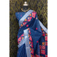 Generic Women's Cotton Linen Digital Print Saree With Unstitched Blouse 5.5Mtr (Blue) - MYLUXURY LANE ENTERPRISE