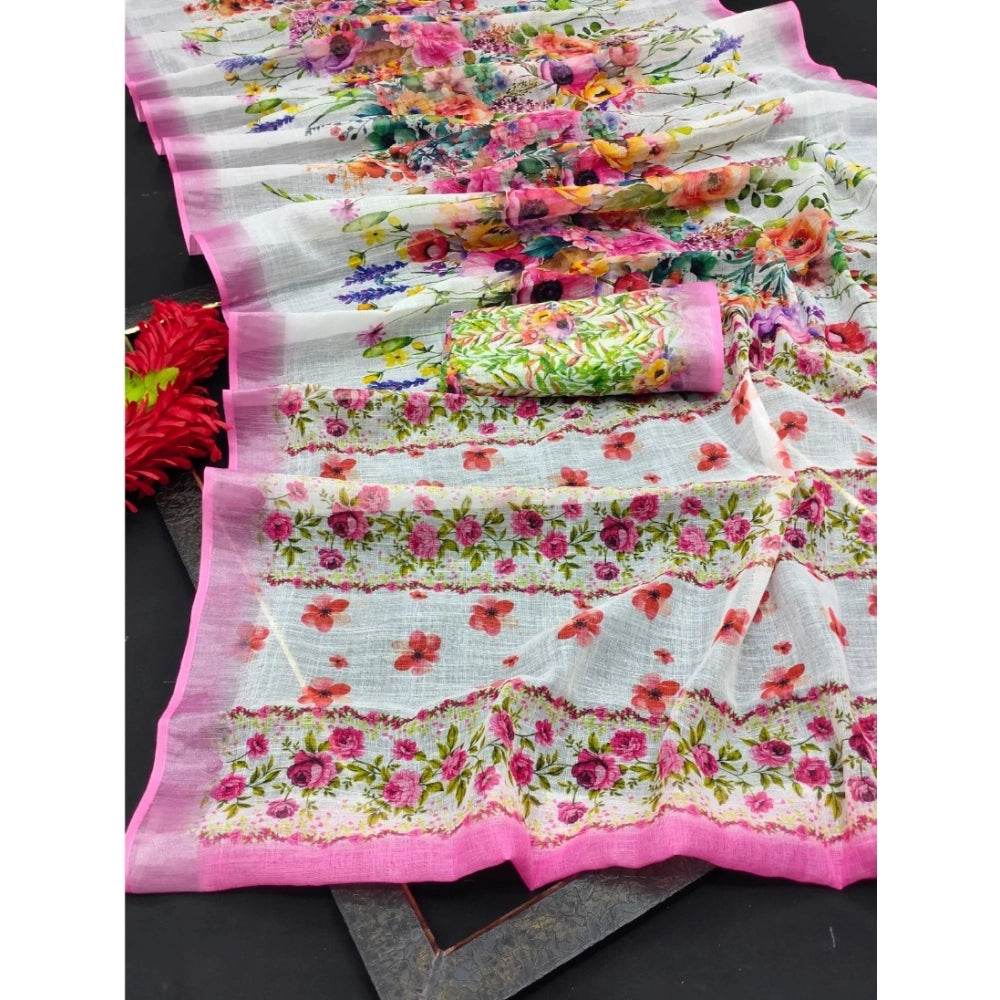 Generic Women's Cotton Linen Printed Saree With Unstitched Blouse 5.5Mtr (Pink) - MYLUXURY LANE ENTERPRISE