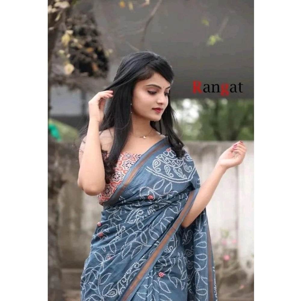 Generic Women's Cotton Linen Printed Saree With Unstitched Blouse 5.5Mtr (Grey) - MYLUXURY LANE ENTERPRISE