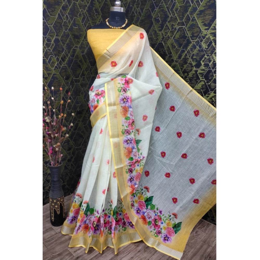 Generic Women's Cotton Linen Woven Design Saree With Unstitched Blouse 5.5Mtr (Yellow) - MYLUXURY LANE ENTERPRISE