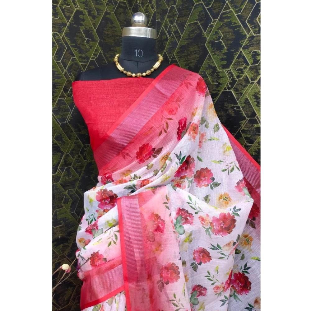 Generic Women's Cotton Linen Woven Design Saree With Unstitched Blouse 5.5Mtr (Red) - MYLUXURY LANE ENTERPRISE