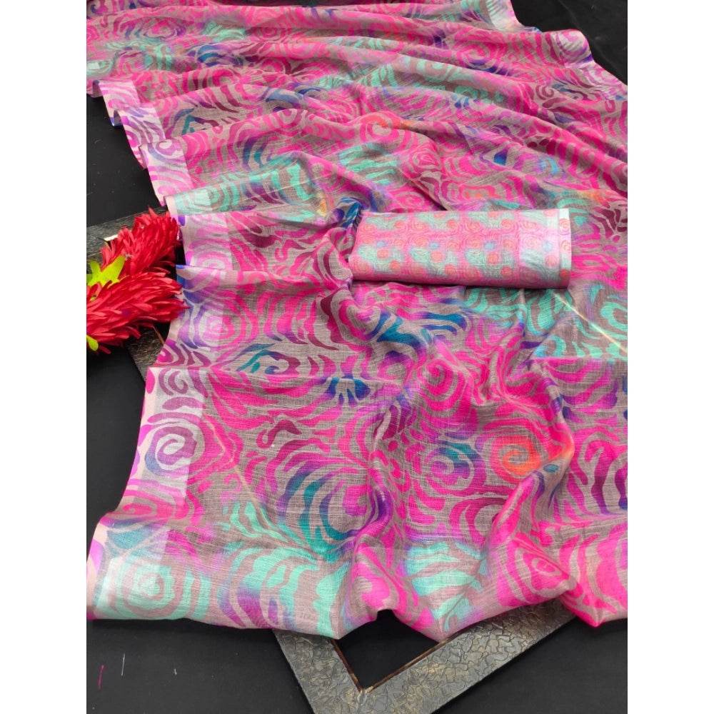 Generic Women's Cotton Linen Woven Design Saree With Unstitched Blouse 5.5Mtr (Pink) - MYLUXURY LANE ENTERPRISE