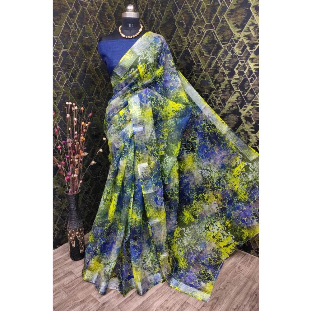 Generic Women's Cotton Linen Woven Design Saree With Unstitched Blouse 5.5Mtr (Blue) - MYLUXURY LANE ENTERPRISE