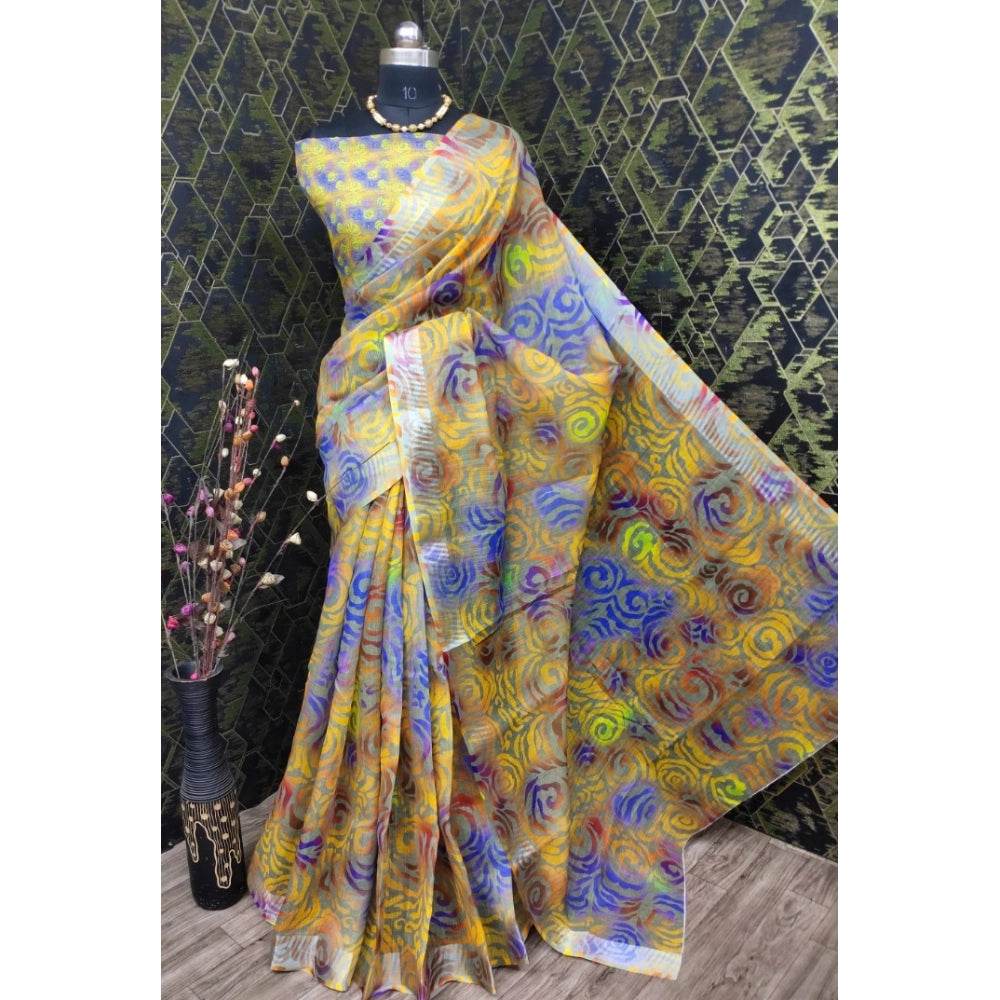 Generic Women's Cotton Linen Woven Design Saree With Unstitched Blouse 5.5Mtr (Yellow) - MYLUXURY LANE ENTERPRISE