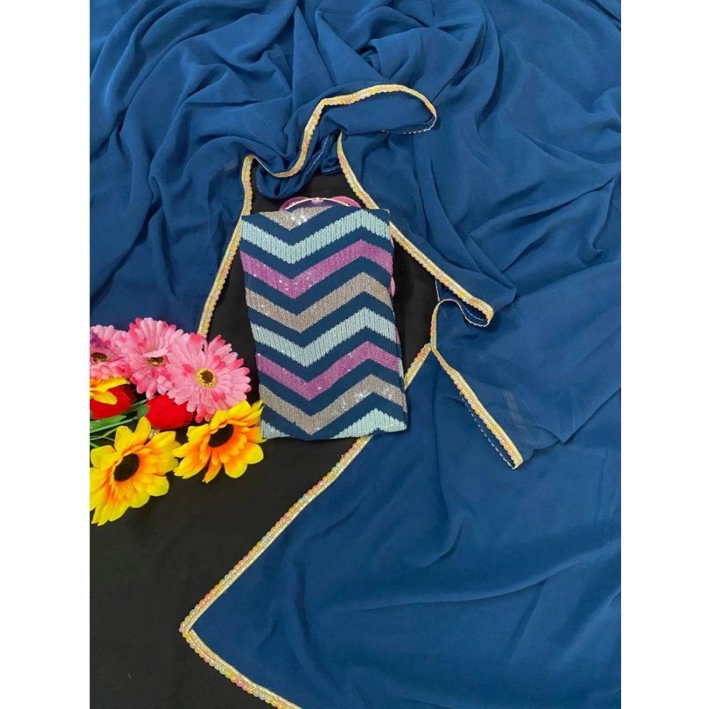 Generic Women's Fox Georgette Solid Saree With Unstitched Blouse 5.5Mtr (Blue) - MYLUXURY LANE ENTERPRISE