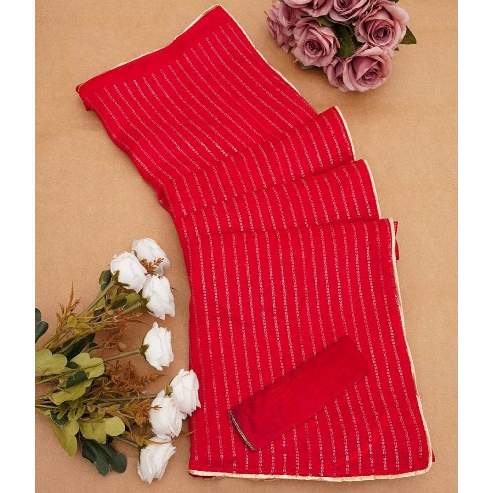 Generic Women's Vichitra Silk Striped Saree With Unstitched Blouse 5.5Mtr (Red) - MYLUXURY LANE ENTERPRISE