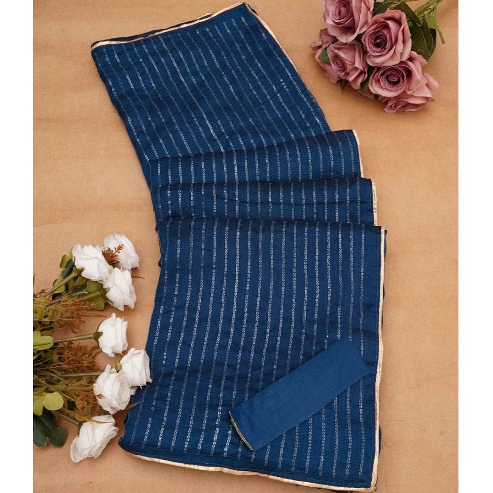 Generic Women's Vichitra Silk Striped Saree With Unstitched Blouse 5.5Mtr (Blue) - MYLUXURY LANE ENTERPRISE