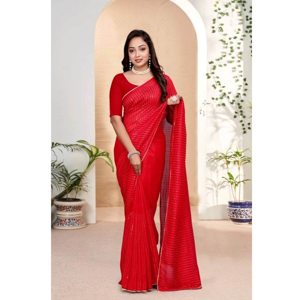 Generic Women's Vichitra Silk Striped Saree With Unstitched Blouse 5.5Mtr (Red) - MYLUXURY LANE ENTERPRISE