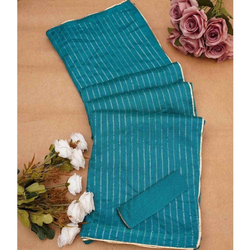 Generic Women's Vichitra Silk Striped Saree With Unstitched Blouse 5.5Mtr (Sky Blue) - MYLUXURY LANE ENTERPRISE