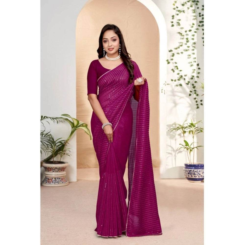 Generic Women's Vichitra Silk Striped Saree With Unstitched Blouse 5.5Mtr (Purple) - MYLUXURY LANE ENTERPRISE