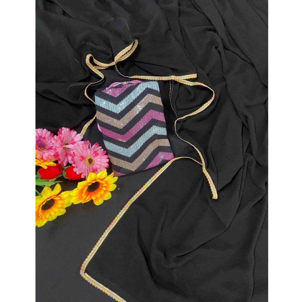 Generic Women's Fox Georgette Solid Saree With Unstitched Blouse 5.5Mtr (Black) - MYLUXURY LANE ENTERPRISE