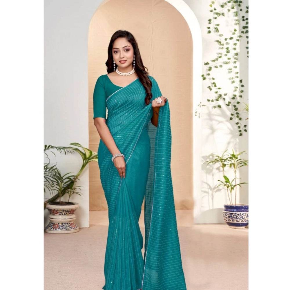 Generic Women's Vichitra Silk Striped Saree With Unstitched Blouse 5.5Mtr (Sky Blue) - MYLUXURY LANE ENTERPRISE